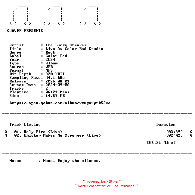 NFO for the release The_Lucky_Strokes-Live_At_Color_Red_Studio-DIGITAL_45-WEB-2024-QUAVER by QUAVER