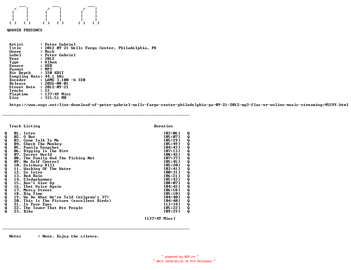 NFO for the release Peter_Gabriel-2012_09_21_Wells_Fargo_Center_Philadelphia_PA-WEB-2012-QUAVER by QUAVER