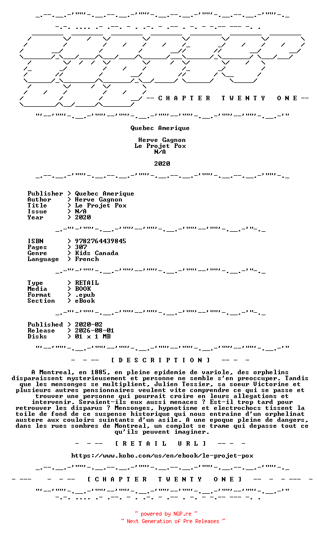 NFO for the release Herve.Gagnon.-.Le.Projet.Pox.2020.FRENCH.RETAIL.EPUB.eBook-CTO by CTO