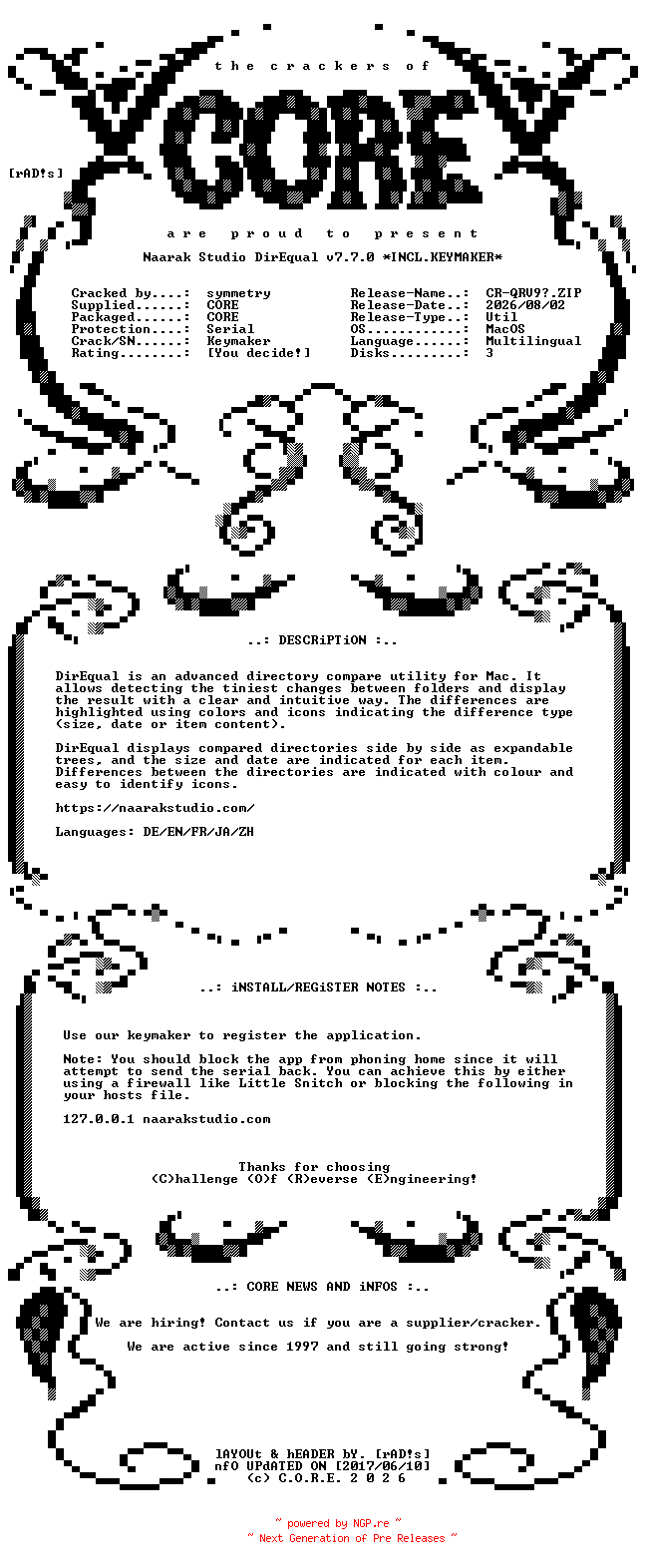 NFO for the release Naarak.Studio.DirEqual.v7.7.0.MacOS.UB.Multilingual.Incl.Keymaker-CORE by CORE