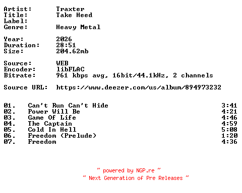 NFO for the release Traxter-Take_Heed-16BIT-WEB-FLAC-2026-VEXED by VEXED