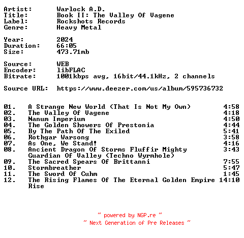 NFO for the release Warlock_A.D.-Book_II_The_Valley_Of_Vagene-16BIT-WEB-FLAC-2024-VEXED by VEXED