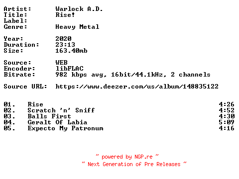 NFO for the release Warlock_A.D.-Rise-16BIT-WEB-FLAC-2020-VEXED by VEXED