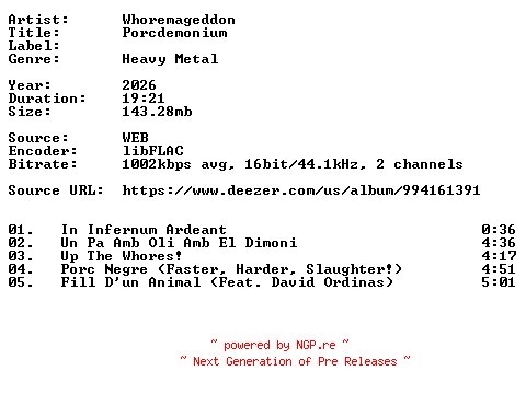 NFO for the release Whoremageddon-Porcdemonium-ES-16BIT-WEB-FLAC-2026-VEXED by VEXED