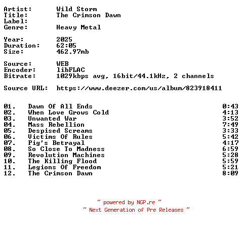 NFO for the release Wild_Storm-The_Crimson_Dawn-16BIT-WEB-FLAC-2025-VEXED by VEXED
