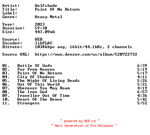 NFO for the release Wolfshade-Point_Of_No_Return-16BIT-WEB-FLAC-2023-VEXED by VEXED