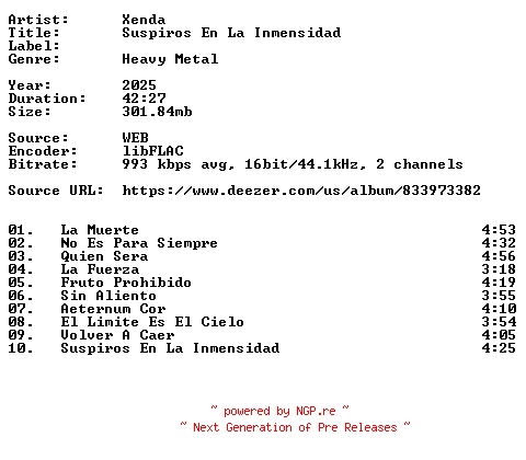 NFO for the release Xenda-Suspiros_En_La_Inmensidad-ES-16BIT-WEB-FLAC-2025-VEXED by VEXED