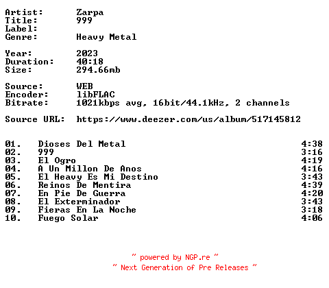 NFO for the release Zarpa-999-ES-16BIT-WEB-FLAC-2023-VEXED by VEXED