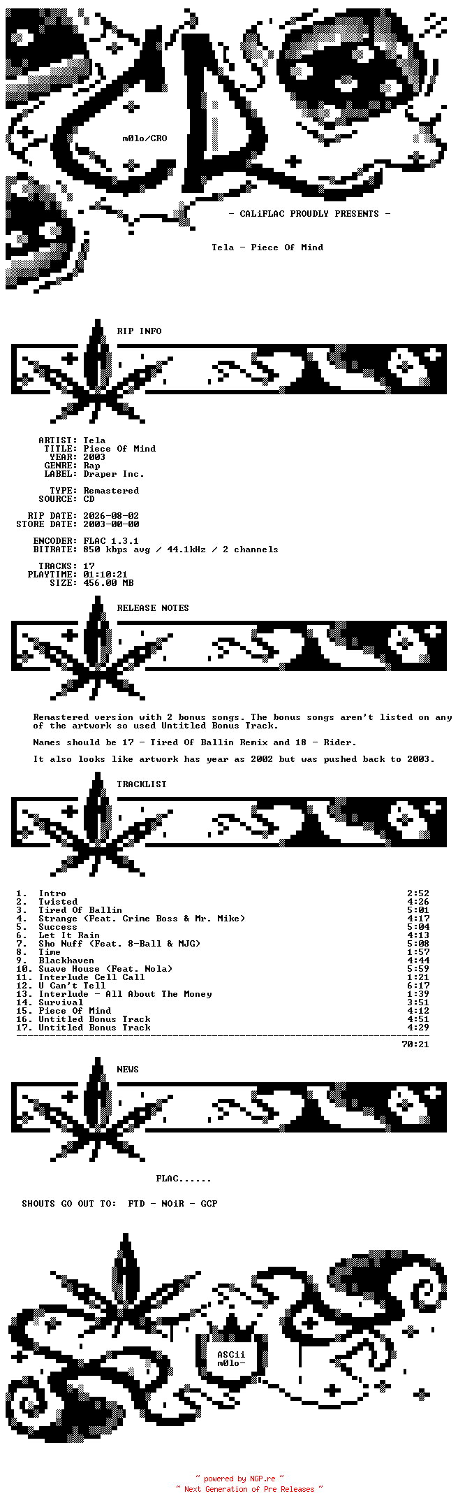 NFO for the release Tela-Piece_Of_Mind-Remastered-CD-FLAC-2003-CALiFLAC by CALiFLAC
