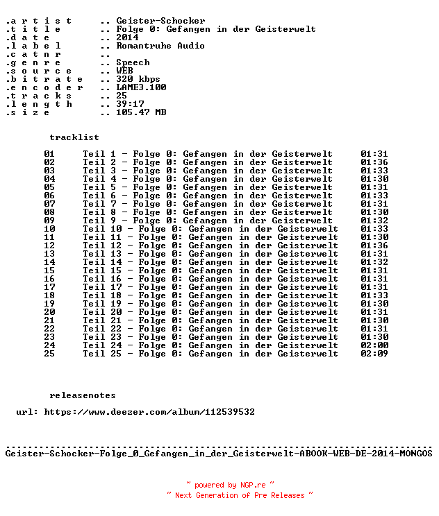 NFO for the release Geister-Schocker-Folge_000_Gefangen_in_der_Geisterwelt-ABOOK-WEB-DE-2014-MONGOS by MONGOS