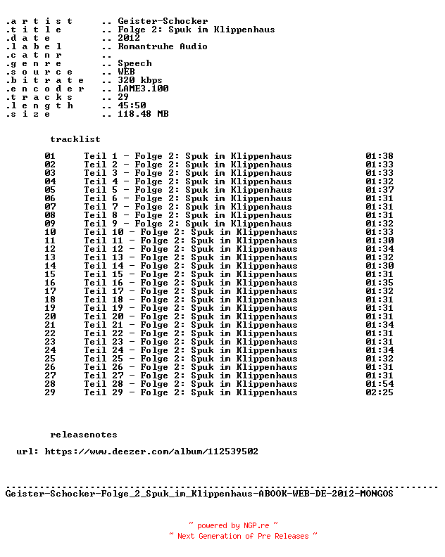 NFO for the release Geister-Schocker-Folge_002_Spuk_im_Klippenhaus-ABOOK-WEB-DE-2012-MONGOS by MONGOS