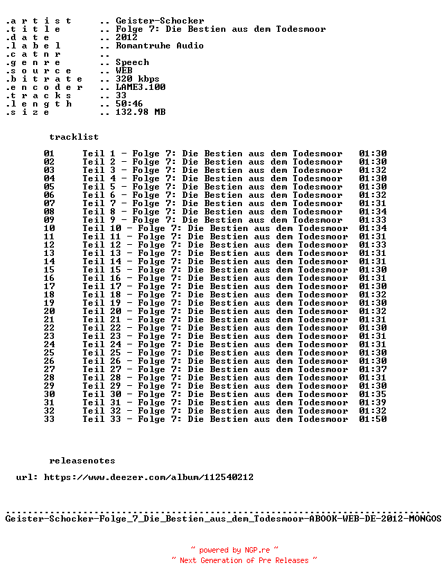 NFO for the release Geister-Schocker-Folge_007_Die_Bestien_aus_dem_Todesmoor-ABOOK-WEB-DE-2012-MONGOS by MONGOS