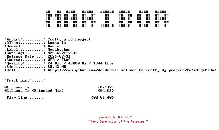 NFO for the release Scotty_x_DJ_Project-Lumea_Ta-RO-24BIT-WEB-FLAC-2026-MARiBOR by MARiBOR