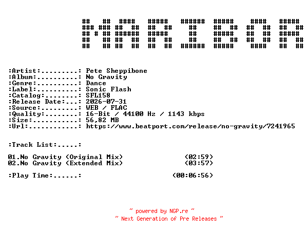 NFO for the release Pete_Sheppibone-No_Gravity-(SFL158)-16BIT-WEB-FLAC-2026-MARiBOR by MARiBOR