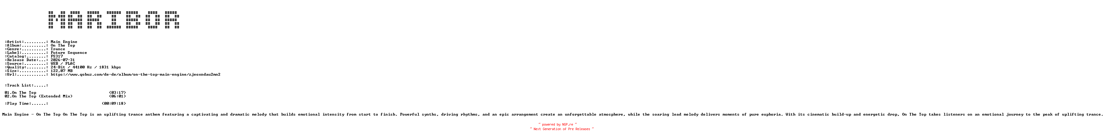 NFO for the release Main_Engine-On_The_Top-(FS317)-24BIT-WEB-FLAC-2026-MARiBOR by MARiBOR