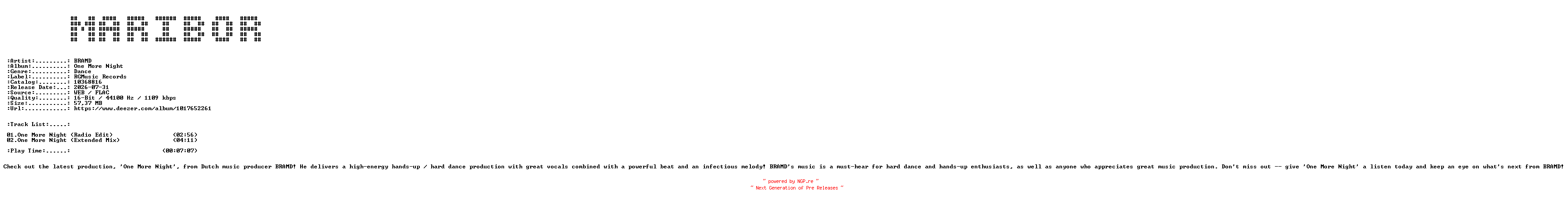 NFO for the release BRAMD-One_More_Night-(10368816)-16BIT-WEB-FLAC-2026-MARiBOR by MARiBOR