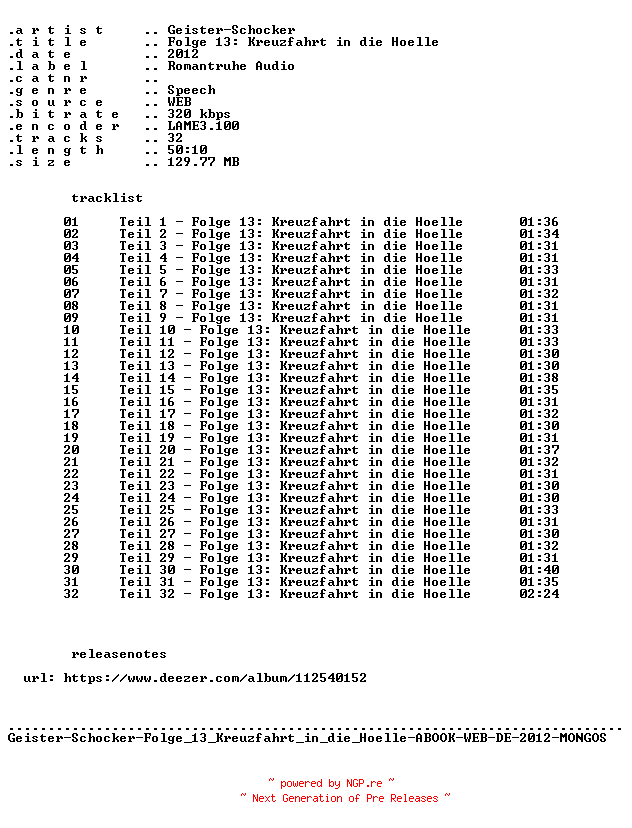 NFO for the release Geister-Schocker-Folge_013_Kreuzfahrt_in_die_Hoelle-ABOOK-WEB-DE-2012-MONGOS by MONGOS