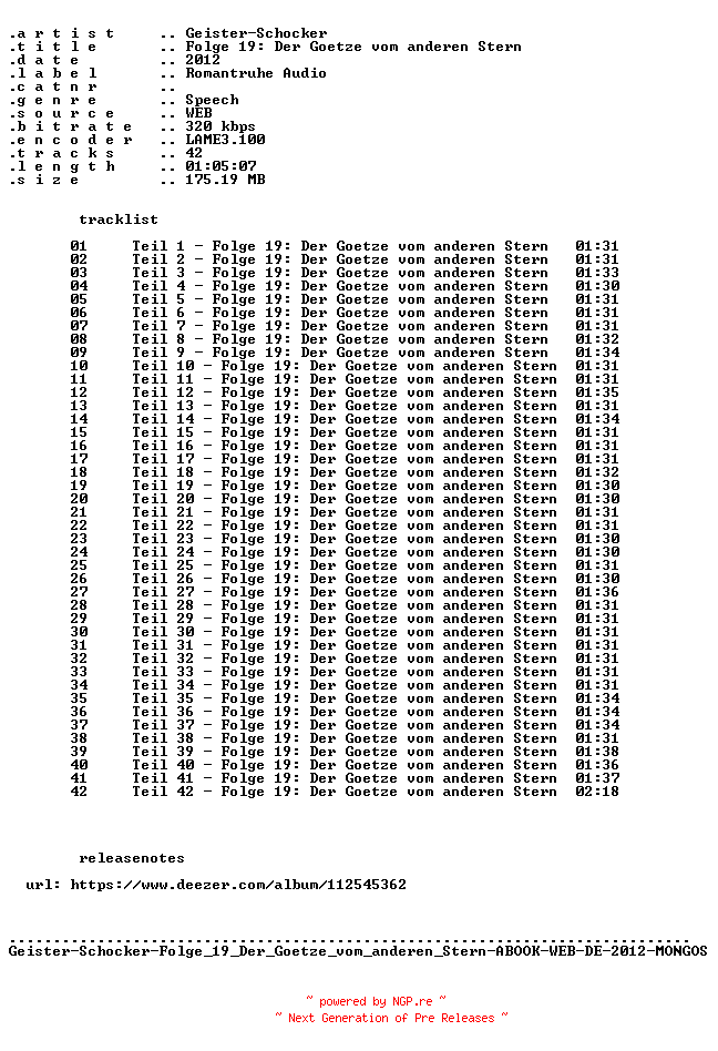 NFO for the release Geister-Schocker-Folge_019_Der_Goetze_vom_anderen_Stern-ABOOK-WEB-DE-2012-MONGOS by MONGOS