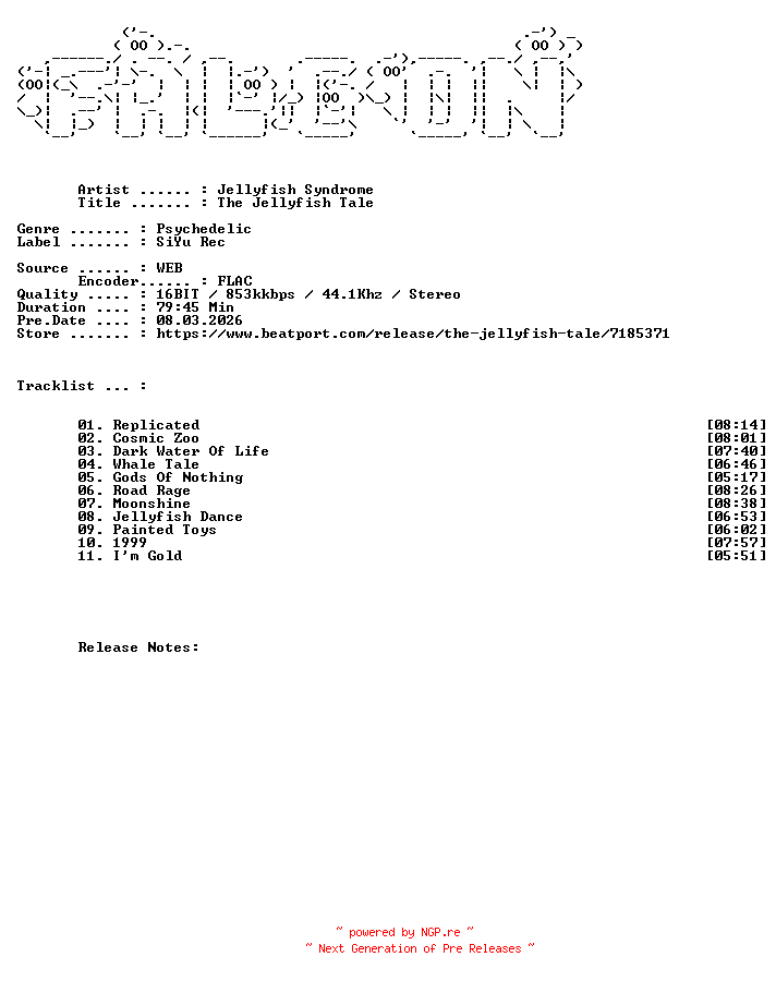 NFO for the release Jellyfish_Syndrome-The_Jellyfish_Tale-(SY0052)-16BIT-WEB-FLAC-2026-FALCON by FALCON