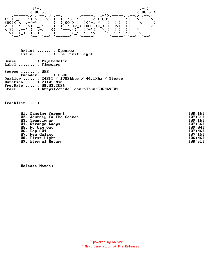 NFO for the release Spoorea-The_First_Light-24BIT-WEB-FLAC-2026-FALCON by FALCON