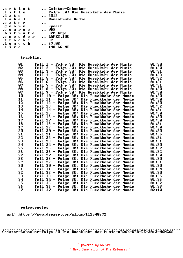 NFO for the release Geister-Schocker-Folge_030_Die_Rueckkehr_der_Mumie-ABOOK-WEB-DE-2012-MONGOS by MONGOS