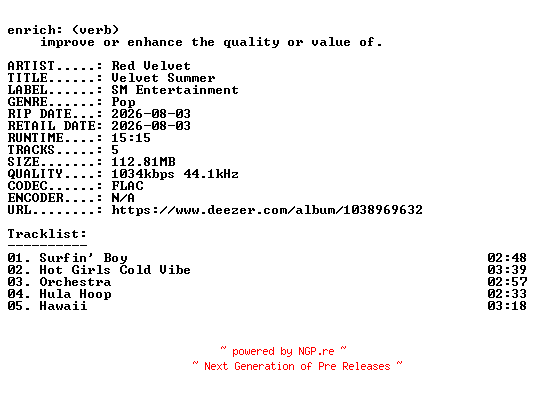 NFO for the release Red_Velvet-Velvet_Summer-KR-EP-16BIT-WEB-FLAC-2026-ENRiCH by ENRiCH