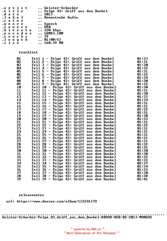 NFO for the release Geister-Schocker-Folge_043_Griff_aus_dem_Dunkel-ABOOK-WEB-DE-2013-MONGOS by MONGOS