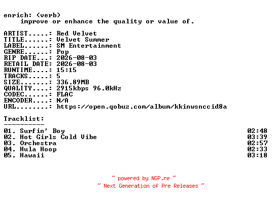 NFO for the release Red_Velvet-Velvet_Summer-KR-EP-24BIT-WEB-FLAC-2026-ENRiCH by ENRiCH