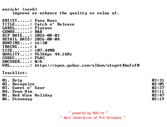 NFO for the release Fana_Hues-Catch_n_Release-EP-16BIT-WEB-FLAC-2026-ENRiCH by ENRiCH