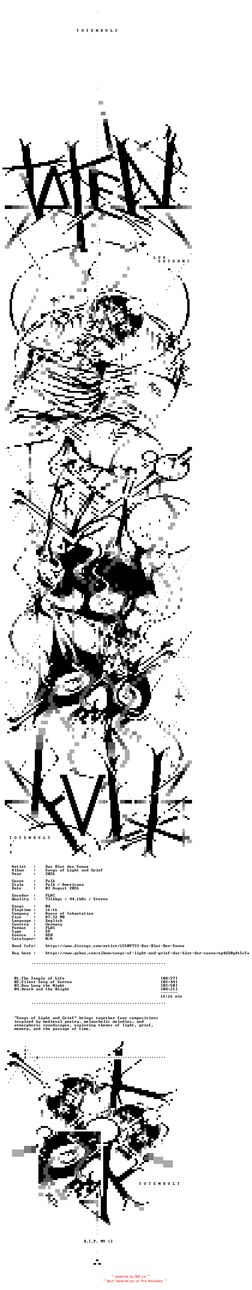 NFO for the release Das_Blut_Der_Sonne-Songs_Of_Light_And_Grief-EP-16BIT-WEB-FLAC-2026-TOTENKVLT by TOTENKVLT
