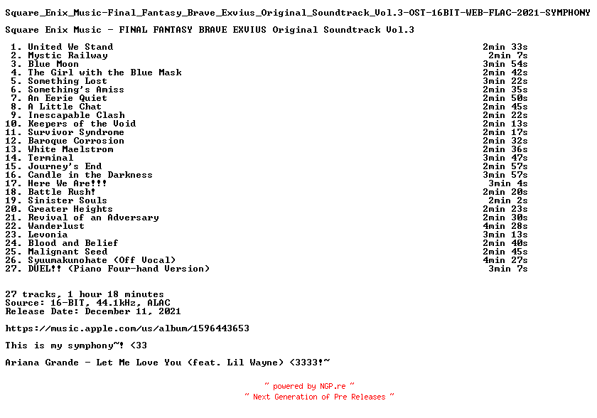 NFO for the release Square_Enix_Music-Final_Fantasy_Brave_Exvius_Original_Soundtrack_Vol.3-OST-16BIT-WEB-FLAC-2021-SYMPHONY by SYMPHONY