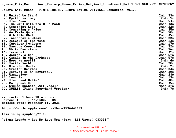 NFO for the release Square_Enix_Music-Final_Fantasy_Brave_Exvius_Original_Soundtrack_Vol.3-OST-WEB-2021-SYMPHONY by SYMPHONY