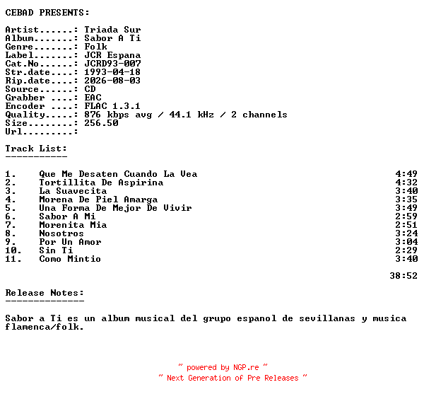 NFO for the release Triada_Sur-Sabor_A_Ti-(JCRD93-007)-ES-CD-FLAC-1993-CEBAD by CEBAD