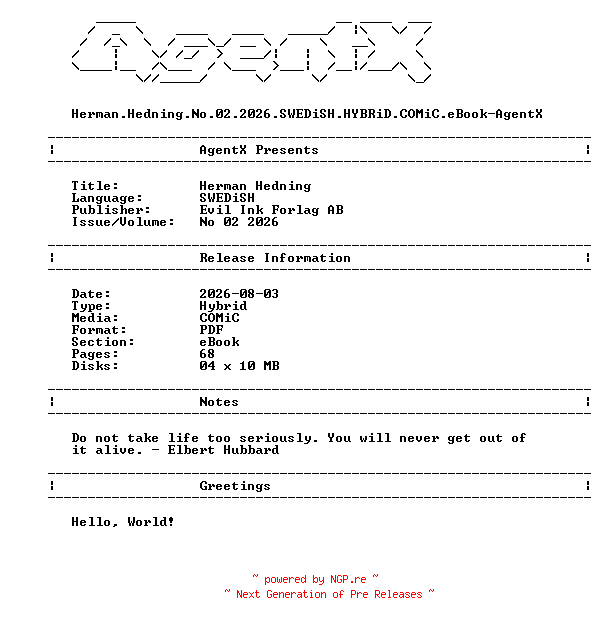 NFO for the release Herman.Hedning.No.02.2026.SWEDiSH.HYBRiD.COMiC.eBook-AgentX by AgentX