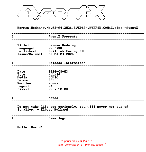 NFO for the release Herman.Hedning.No.03-04.2026.SWEDiSH.HYBRiD.COMiC.eBook-AgentX by AgentX