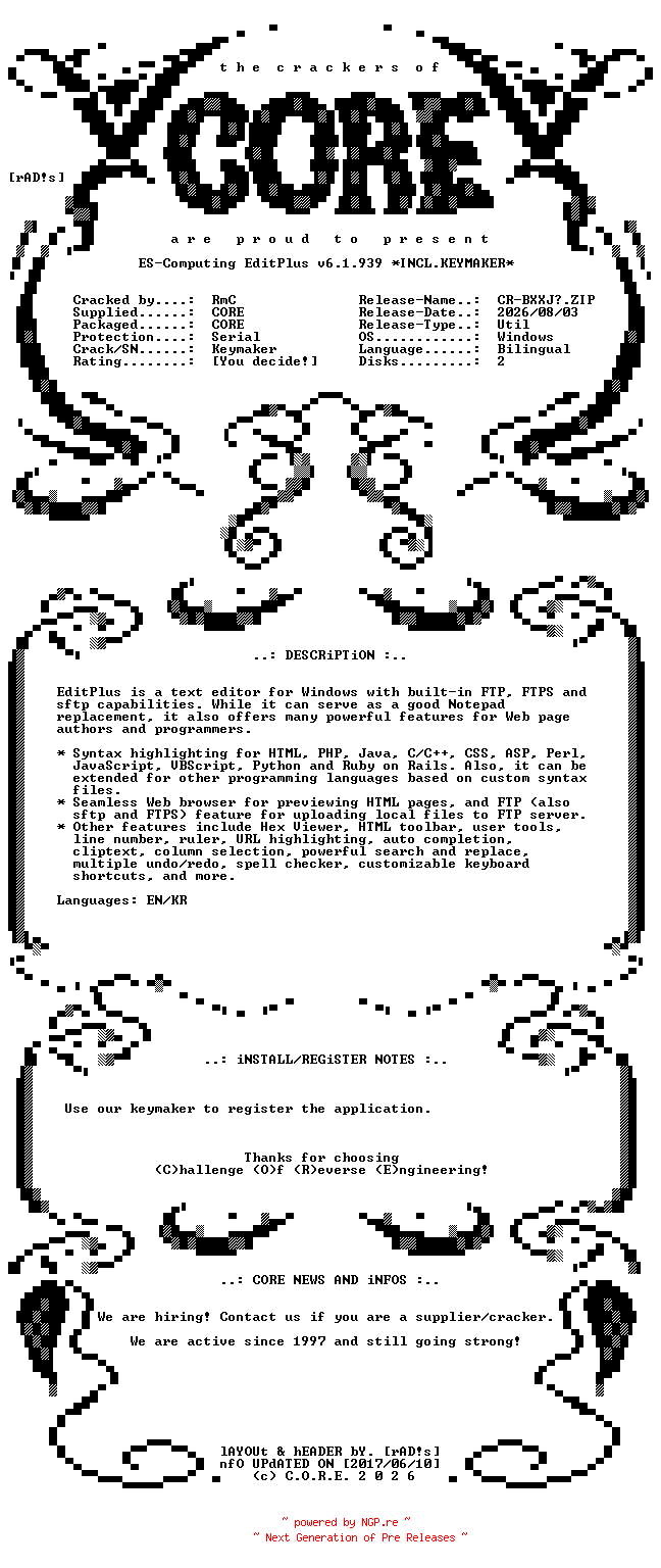 NFO for the release ES-Computing.EditPlus.v6.1.939.ARM64.Bilingual.Incl.Keymaker-CORE by CORE