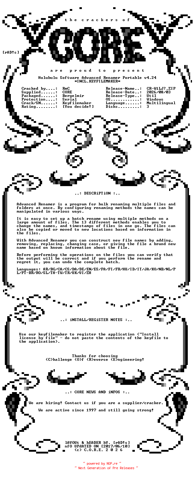 NFO for the release Hulubulu.Software.Advanced.Renamer.Portable.v4.24.x64.Multilingual.Incl.Keyfilemaker-CORE by CORE