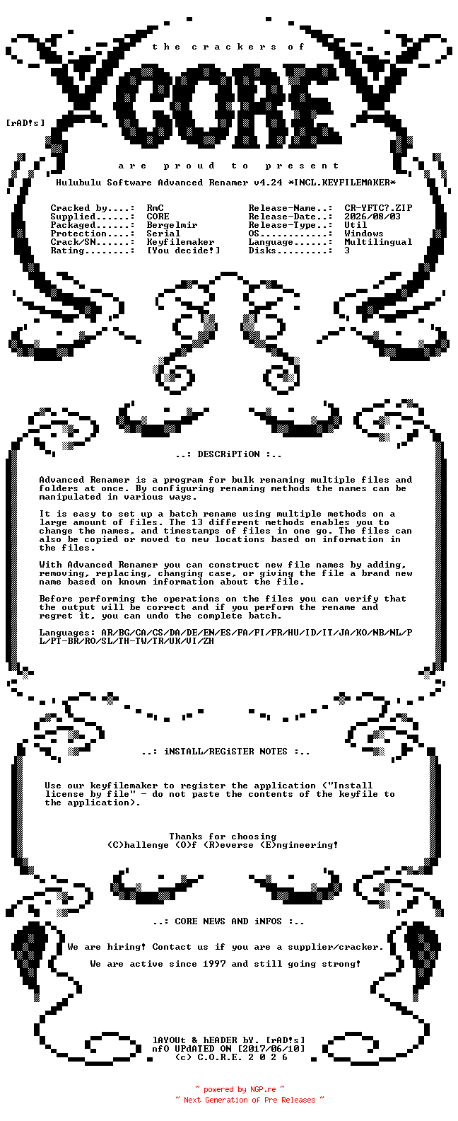 NFO for the release Hulubulu.Software.Advanced.Renamer.v4.24.x64.Multilingual.Incl.Keyfilemaker-CORE by CORE