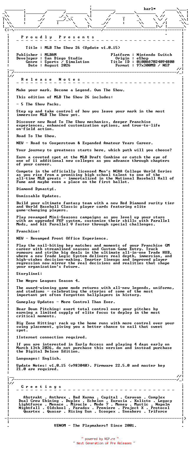 NFO for the release MLB_The_Show_26_Update_v1.0.15_NSW-VENOM by VENOM