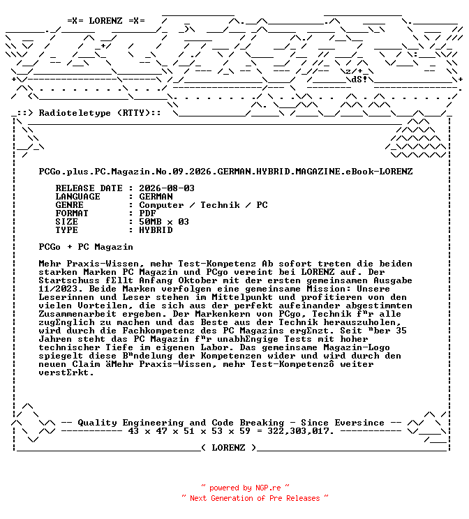 NFO for the release PCGo.plus.PC.Magazin.No.09.2026.GERMAN.HYBRID.MAGAZINE.eBook-LORENZ by LORENZ