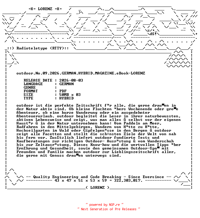 NFO for the release outdoor.No.09.2026.GERMAN.HYBRID.MAGAZINE.eBook-LORENZ by LORENZ