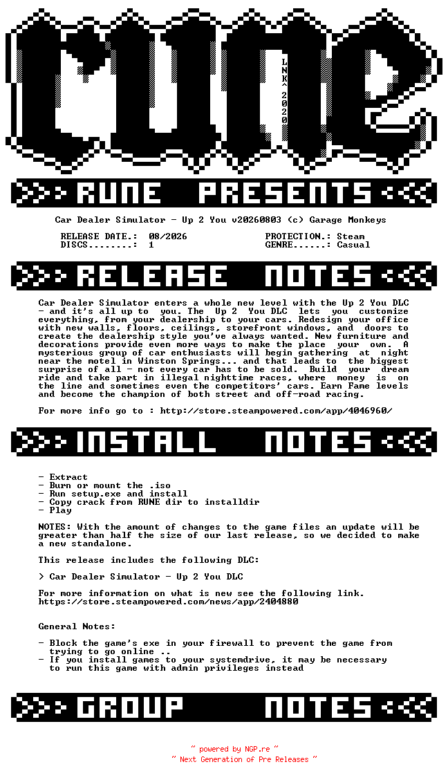 NFO for the release Car.Dealer.Simulator.Up.2.You.v20260803-RUNE by RUNE
