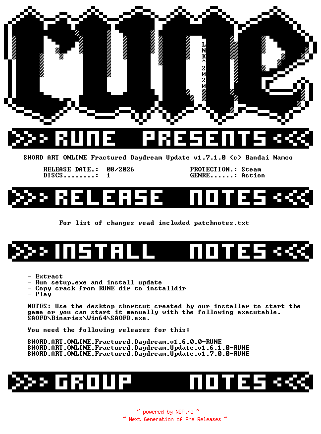 NFO for the release SWORD.ART.ONLINE.Fractured.Daydream.Update.v1.7.1.0-RUNE by RUNE