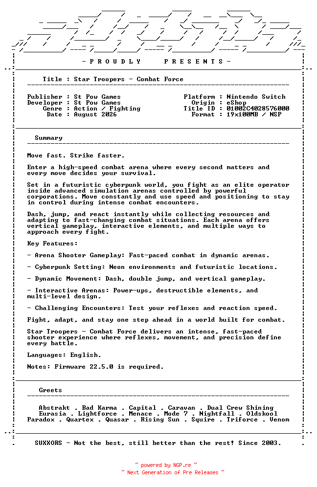 NFO for the release Star_Troopers_Combat_Force_NSW-SUXXORS by SUXXORS