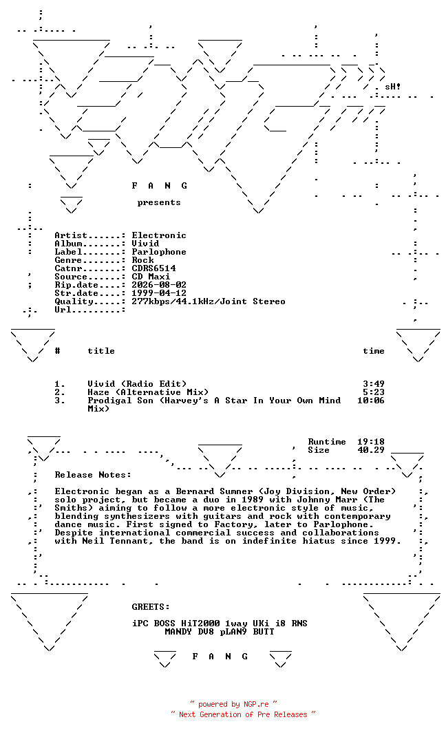NFO for the release Electronic-Vivid-(CDRS6514)-CDM-1999-FANG by FANG