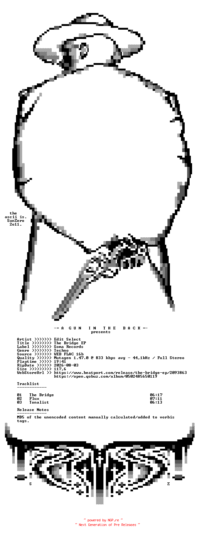 NFO for the release Edit_Select-The_Bridge_EP-(SOMA501D)-16BIT-WEB-FLAC-2017-AGITB by AGITB