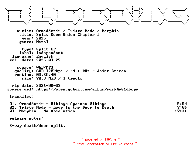 NFO for the release Ormsdottir-Triste_Mode-Morphin--Split_Doom_Union_Chapter_1-Split-EP-WEB-2025-BLEEDiNG by BLEEDiNG
