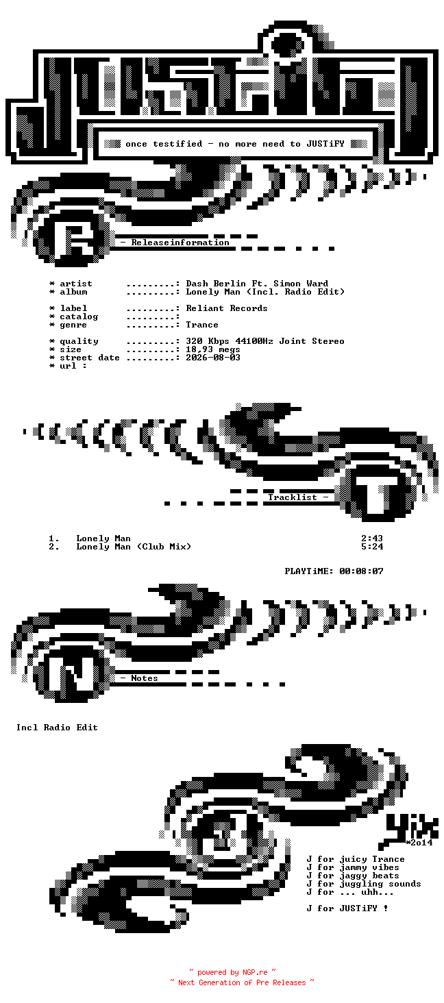 NFO for the release Dash_Berlin_ft._Simon_Ward_-_Lonely_Man_(Incl._Radio_Edit)-WEB-2026-JUSTiFY_iNT by JUSTiFY_iNT