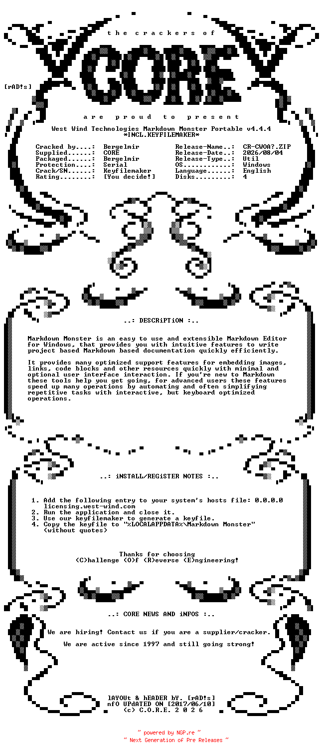 NFO for the release West.Wind.Technologies.Markdown.Monster.Portable.v4.4.4.x64.Incl.Keyfilemaker-CORE by CORE