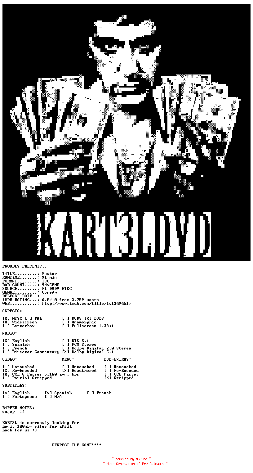 NFO for the release Butter.2011.NTSC.DVDR-KART3LDVD by KART3LDVD